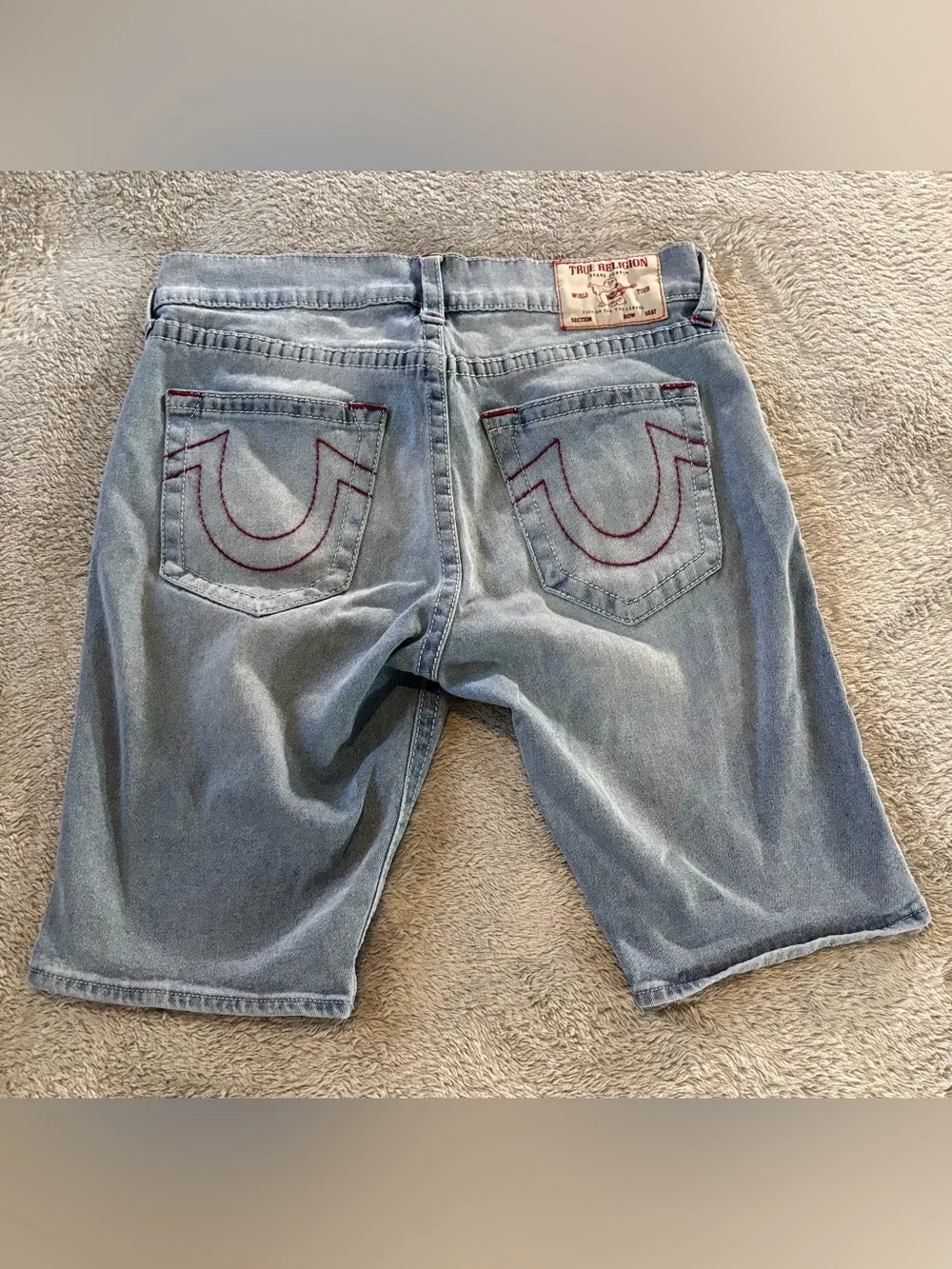 True Religion Light Wash Denim Rocco Skinny Jean Shorts with Red Stitching
